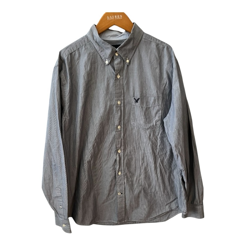 American Eagle Classic Fit Button-Down Shirt XL‎ Blue & White Striped Cotton